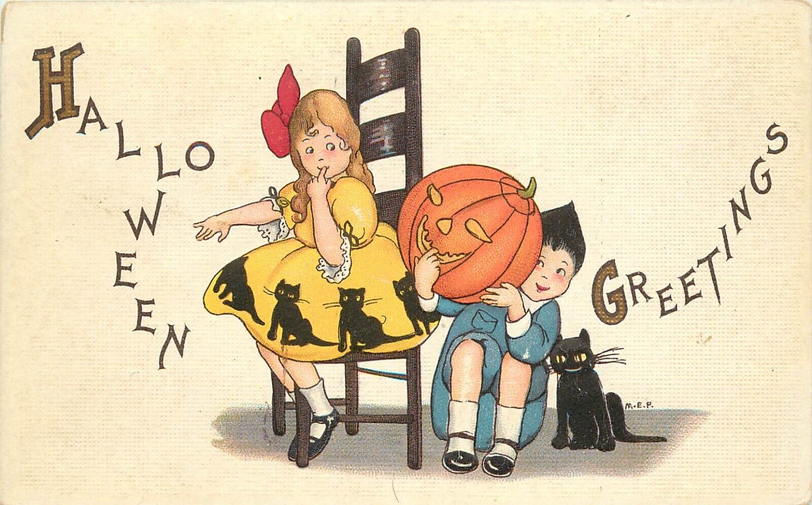 Stecher Halloween Postcard 400C, A/S M.E.P.  Children Black Cat & Jack o\'Lantern