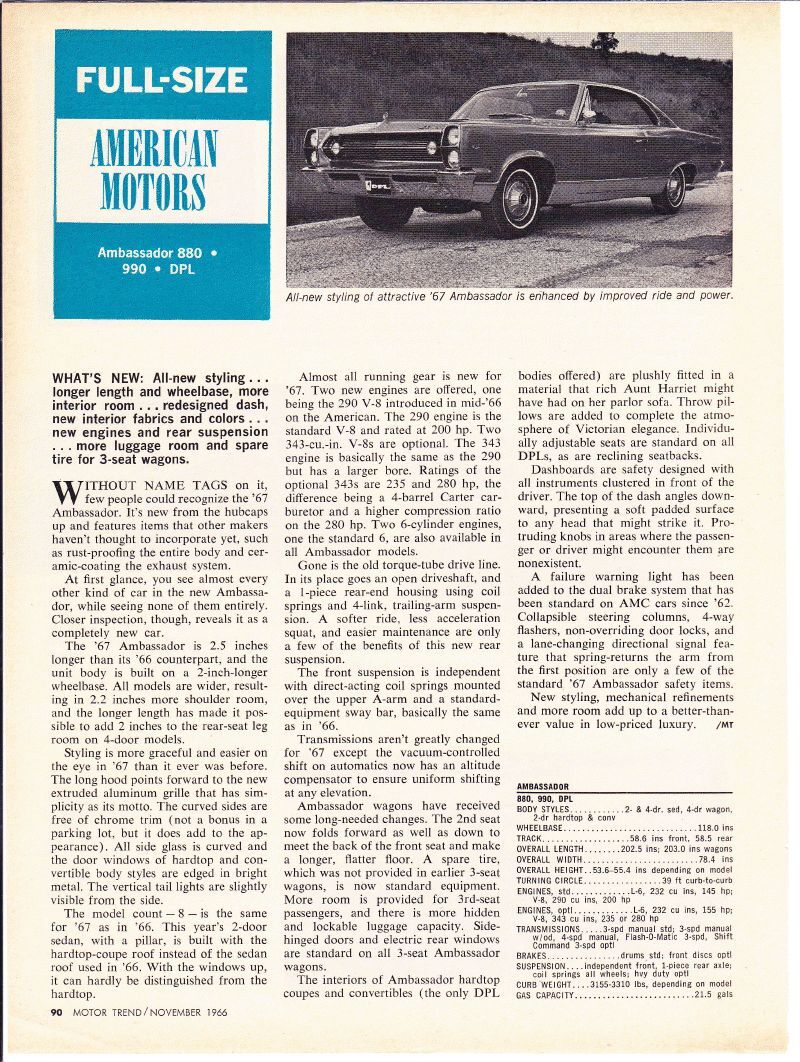 1967 AMC AMBASSADOR 880 * 990 * DPL ~ ORIGINAL NEW CAR PREVIEW ARTICLE / AD