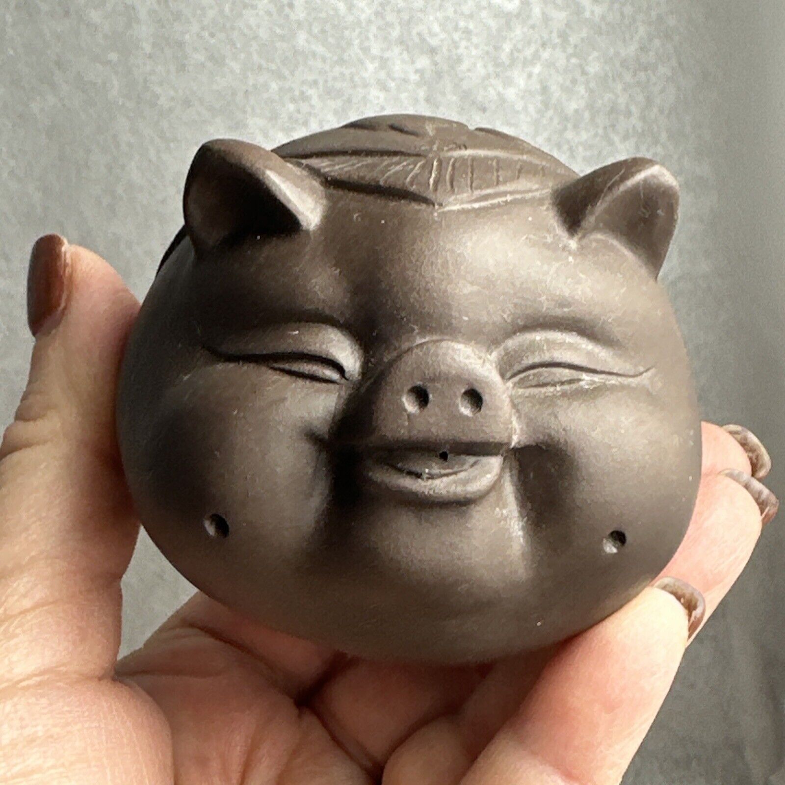Chinese Happy Face Pig Clay Pottery Rattle Marked