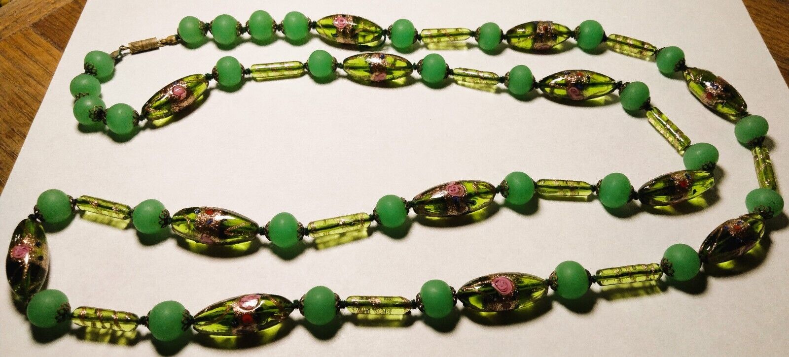 Vintage Venetian Fancy Green Wedding Cake Beads Beaded Long Necklace