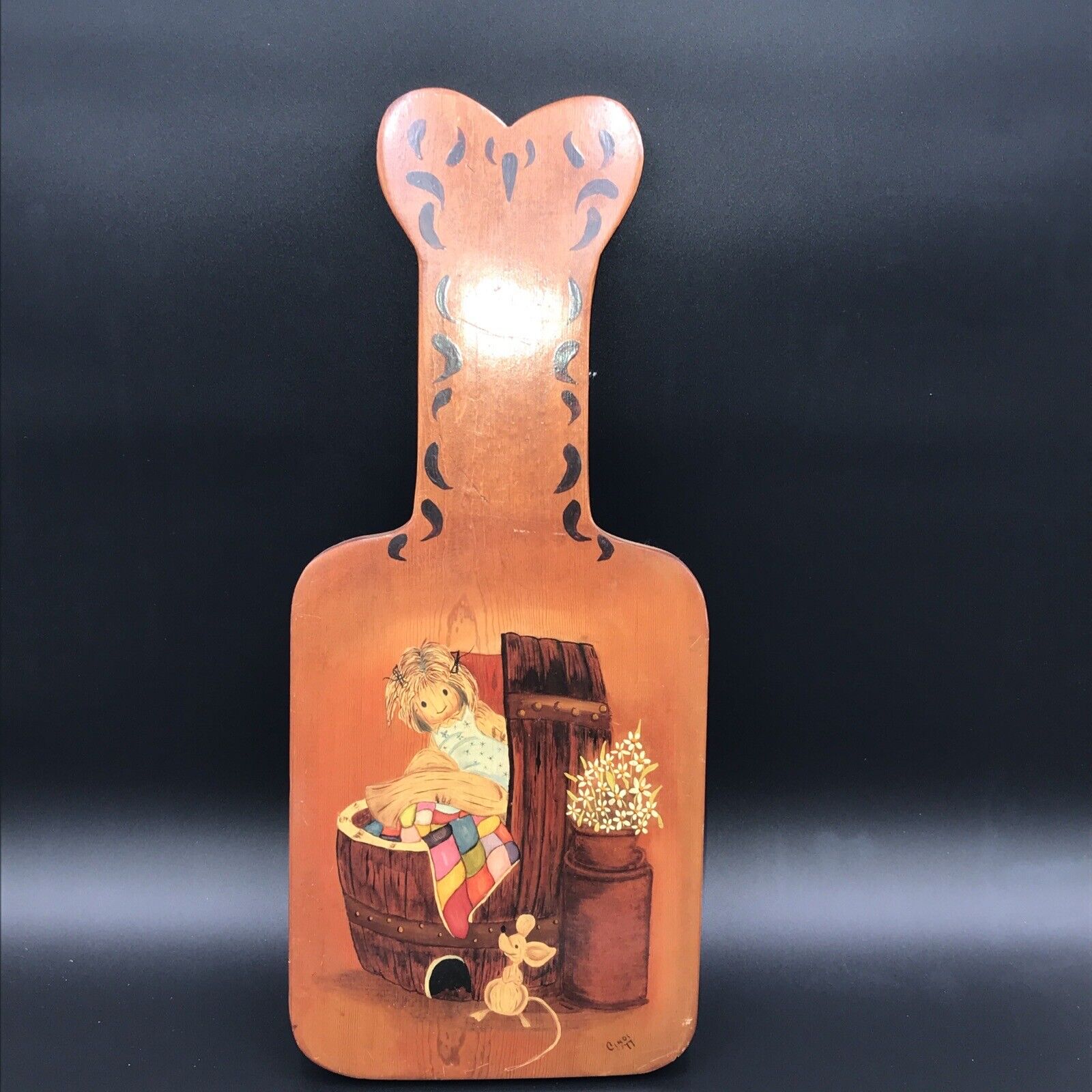 VTG Wood Cutting Board Little Girl And Mouse Signed 1971.