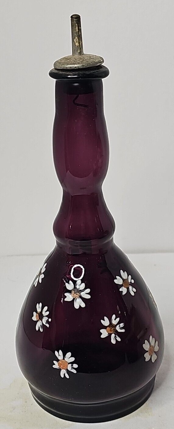 Antique Dark Amethyst Handpainted And Enameled Blown Glass Barber Bottle 8 3/4” 
