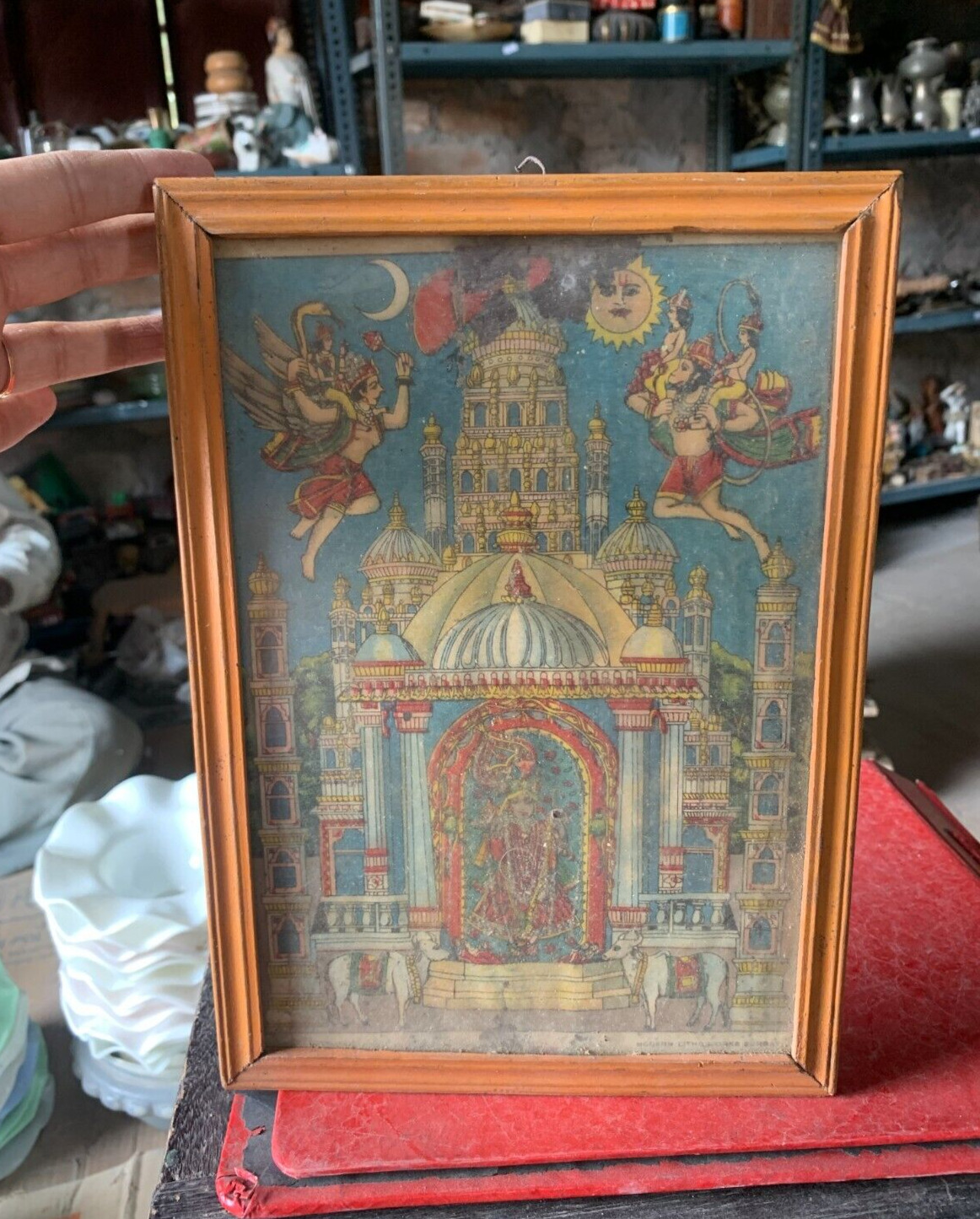 Indian Antique Old Hindu Ranchod Ji Maharaj Framed Raja Ravi Varma Print Framed
