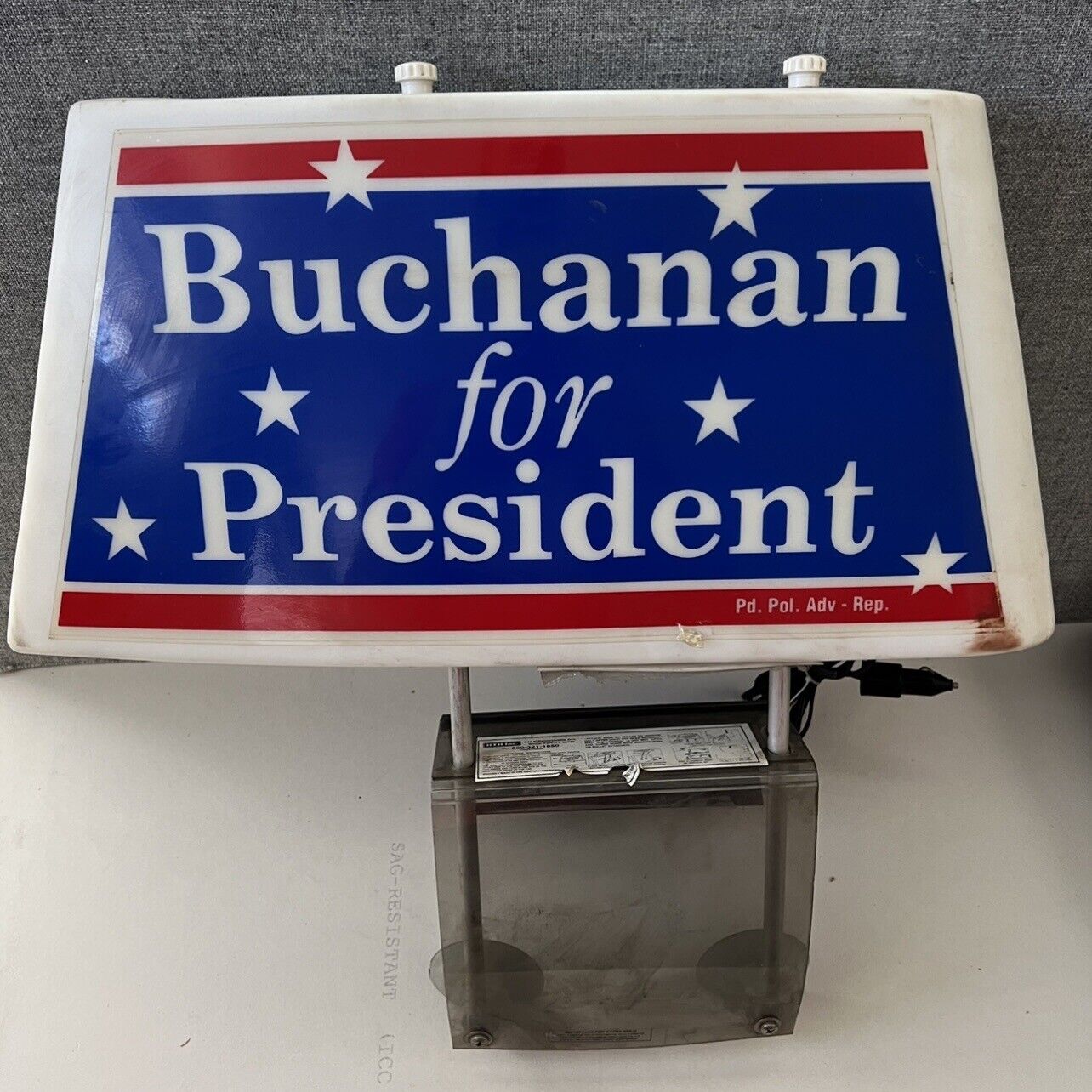 Pat Buchanan for President lighted car signage political campaing 2 sided VTG