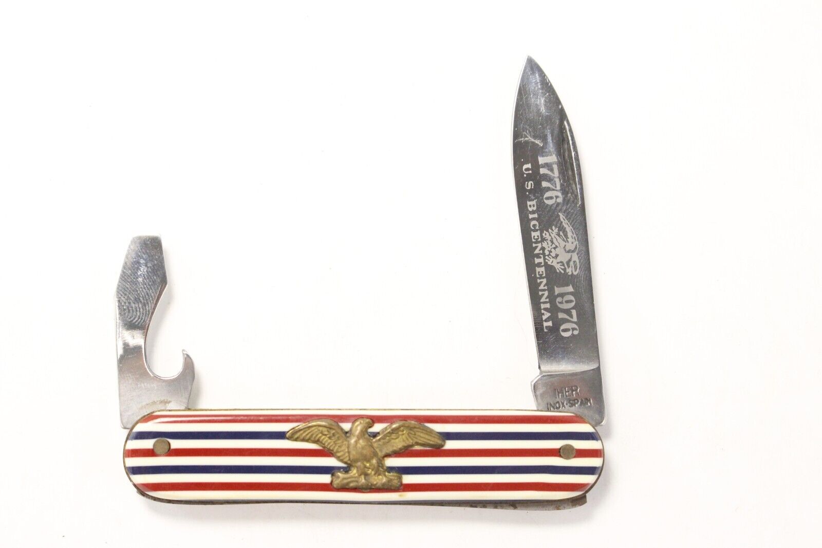 1976 IHER Inox Spain Red White and Blue Eagle Bicentennial 2 Blade Campers Knife