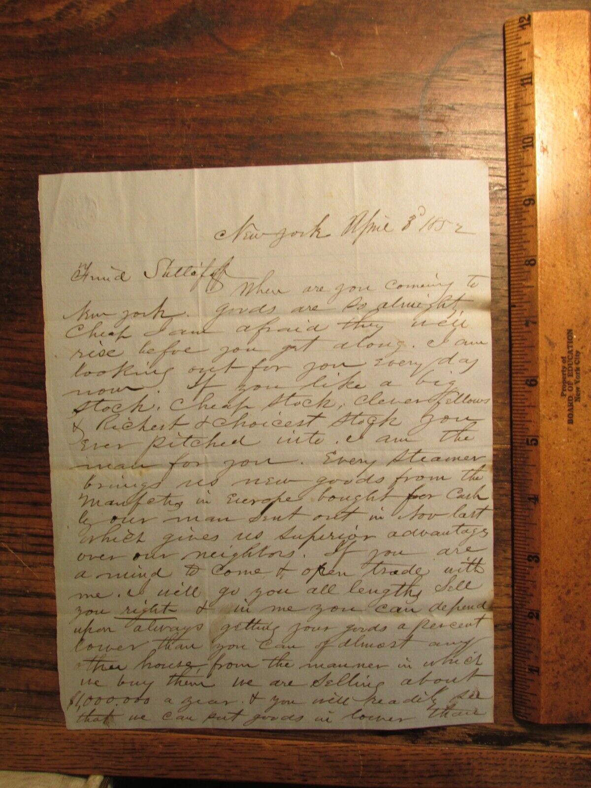 Antique Vinatge Ephemera 1852 Letter New York Merchant Selling Goods