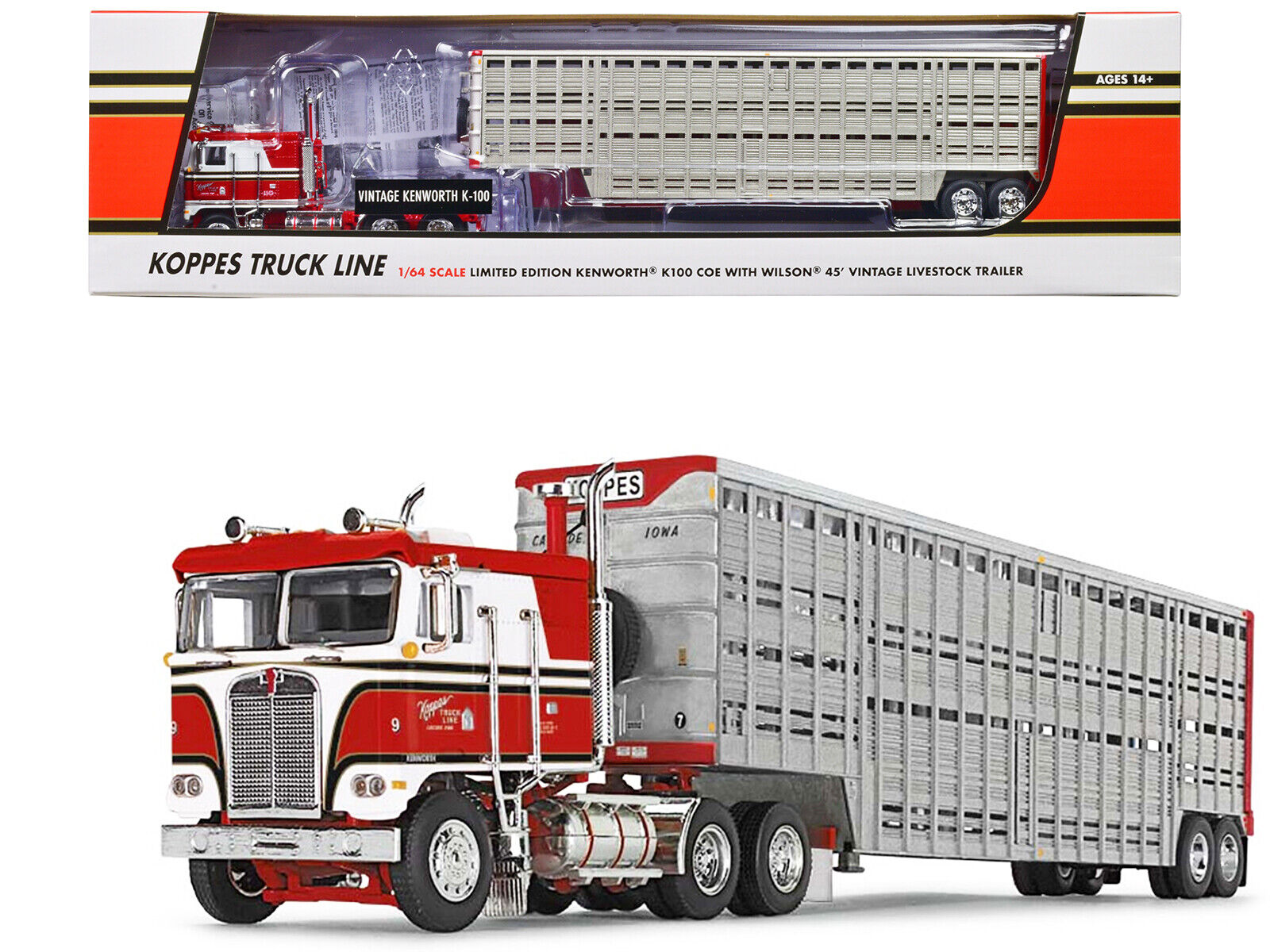 Kenworth K100 COE Red and White with 45' Wilson Vintage Livestock Trailer