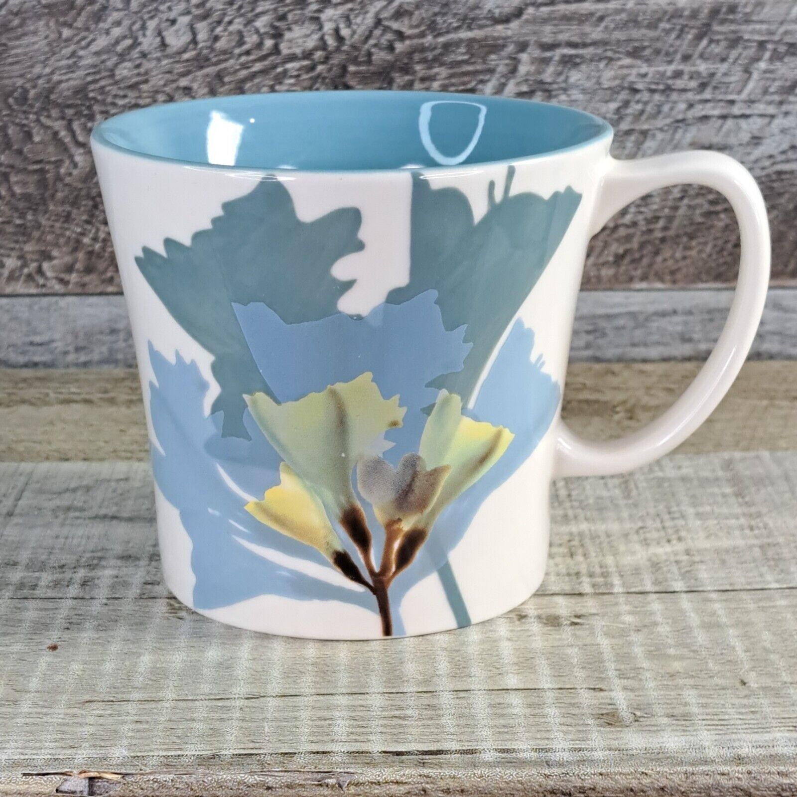 2009 Starbucks Coffee Mug Hand Painted Spring Flowers Blue Floral