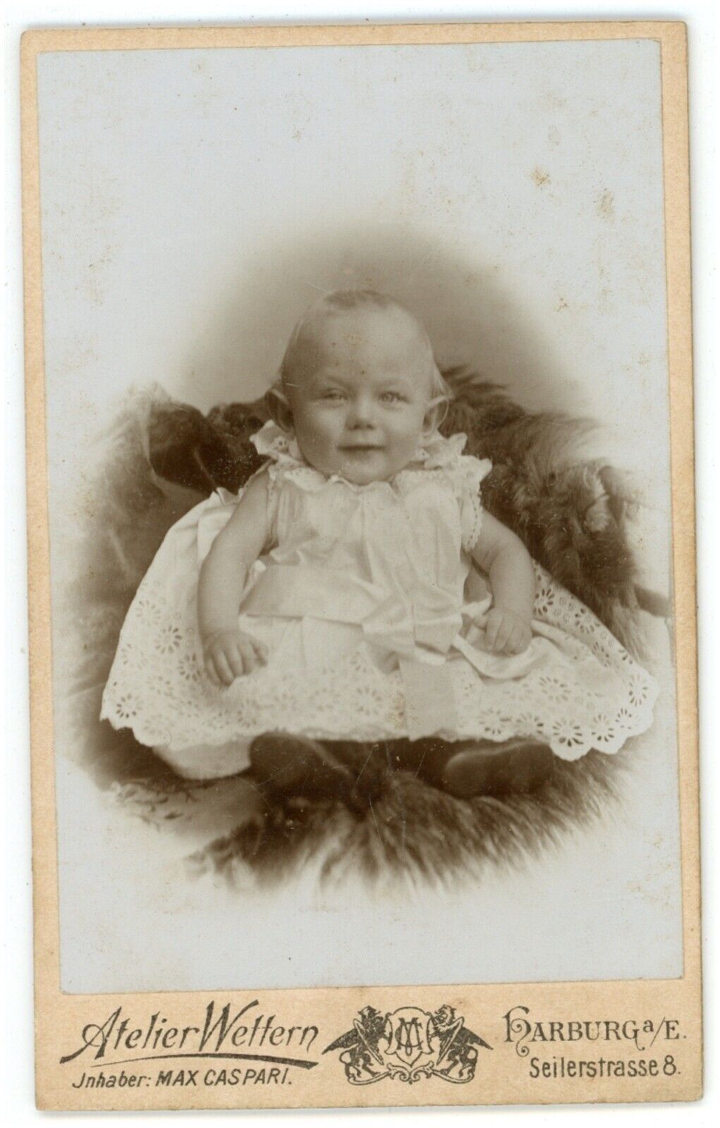CIRCA 1870\'S CDV Smiling Happy Baby Wearing White Dress Wettern Harburg Germany