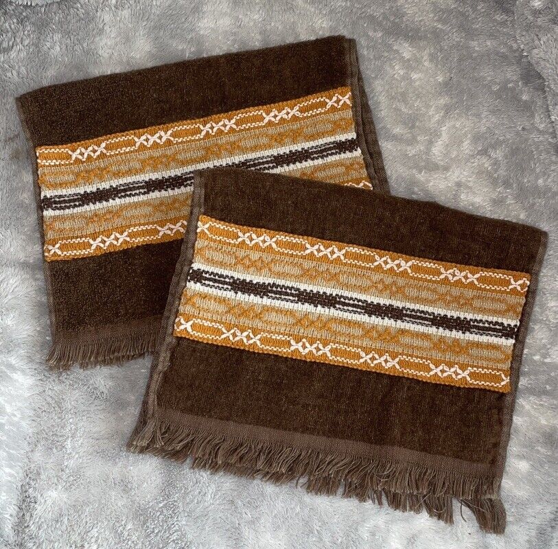 Retro Gorgeous Vintage Cannon Brown Handtowels (2-pack) Embroidered VTG 60s-70s