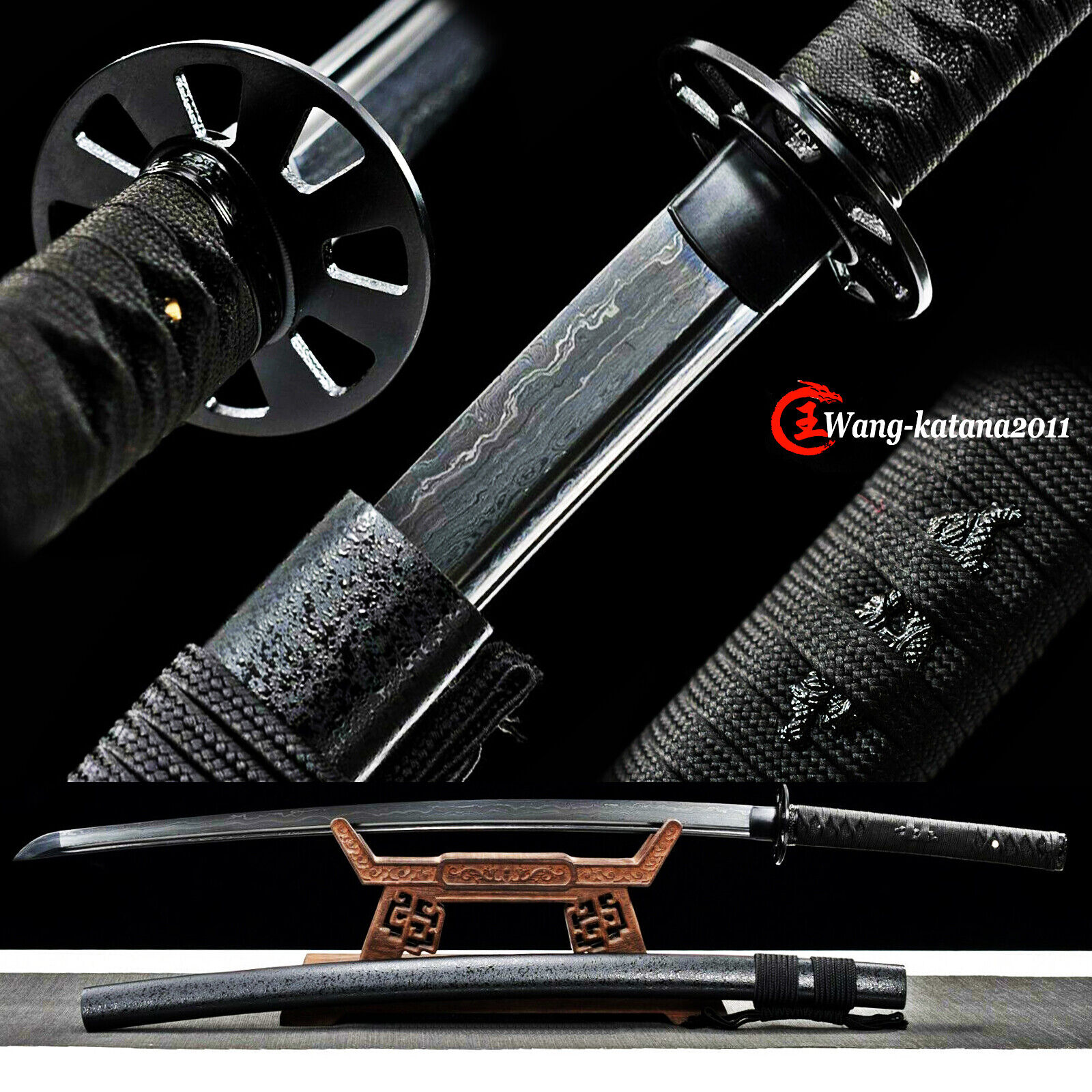 All Black Damuscus Folded Steel Functional Sword Sharp Japanese Samurai Katana