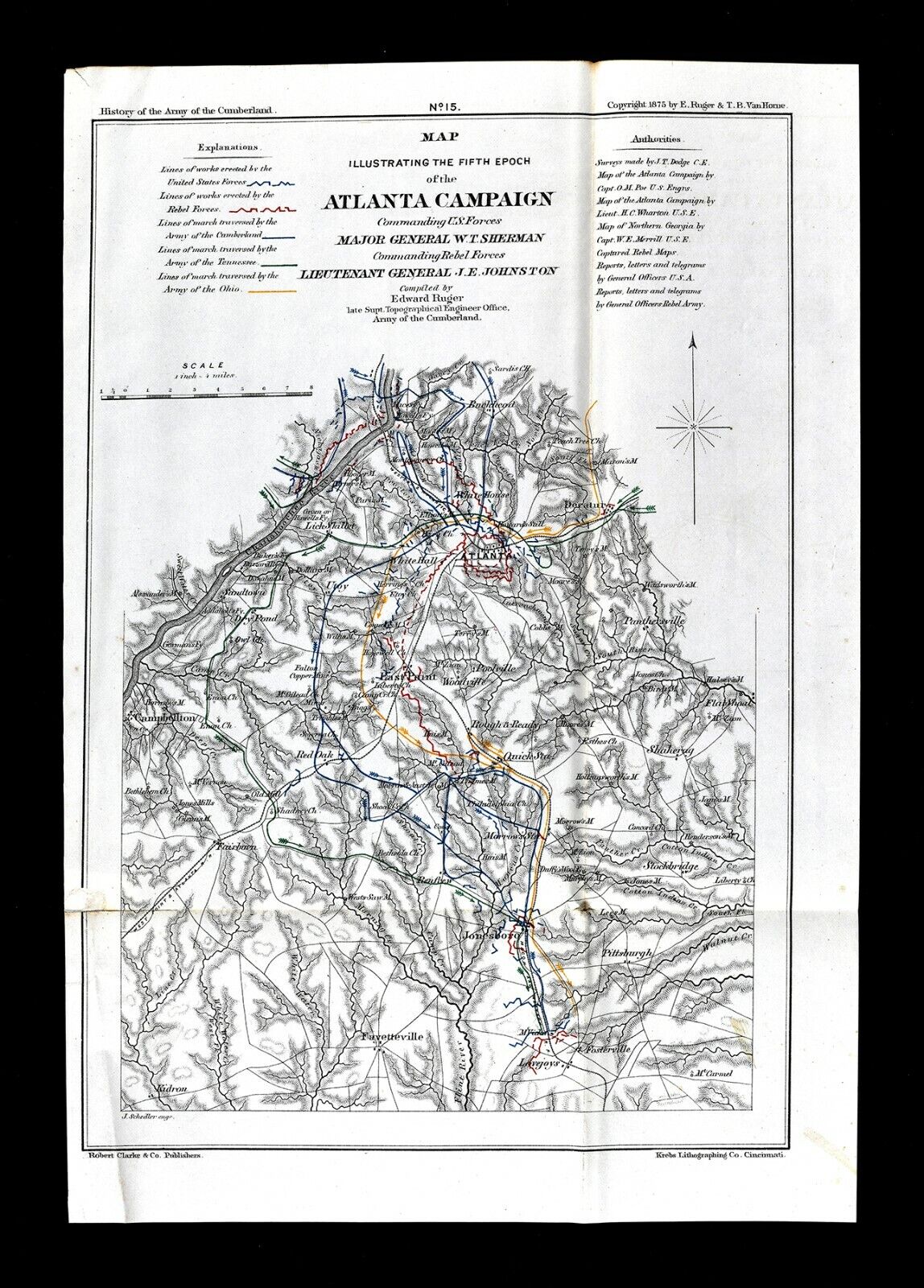 1875 Ruger Civil War Map Battle of Atlanta Jonesboro Lovejoy Station Georgia 