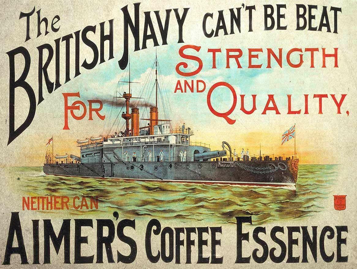 BRITISH NAVY AIMER\'S COFFEE ESSENCE HEAVY DUTY USA MADE METAL ADVERTISING SIGN