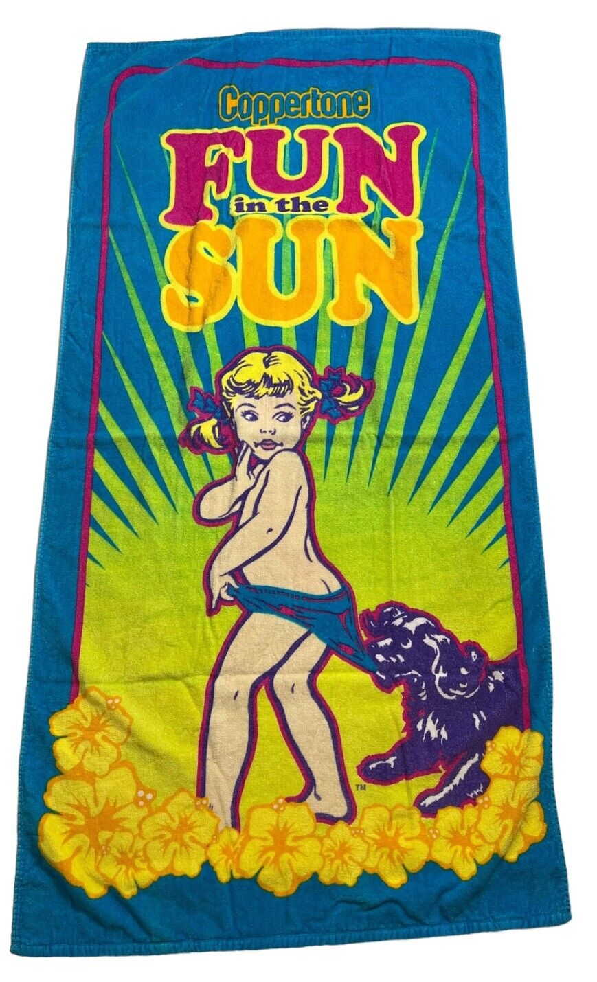 Vintage Coppertone Beach Towel Baby Dog  57” X 29” Fun In The Sun Bright
