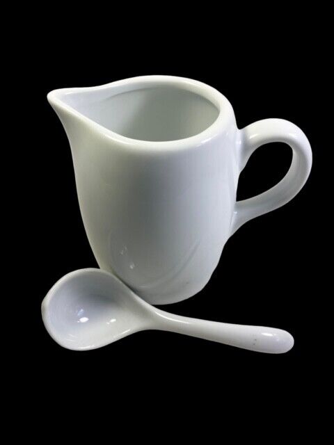 Threshold  Sleek White Porcelain Creamer Pitcher and Matching Spoon Holds 11 oz