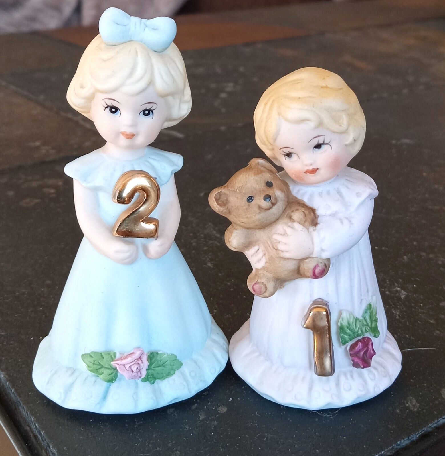 2 Vintage Enesco Growing Up Birthday Girls Blonde Figurines Ages 1 & 2