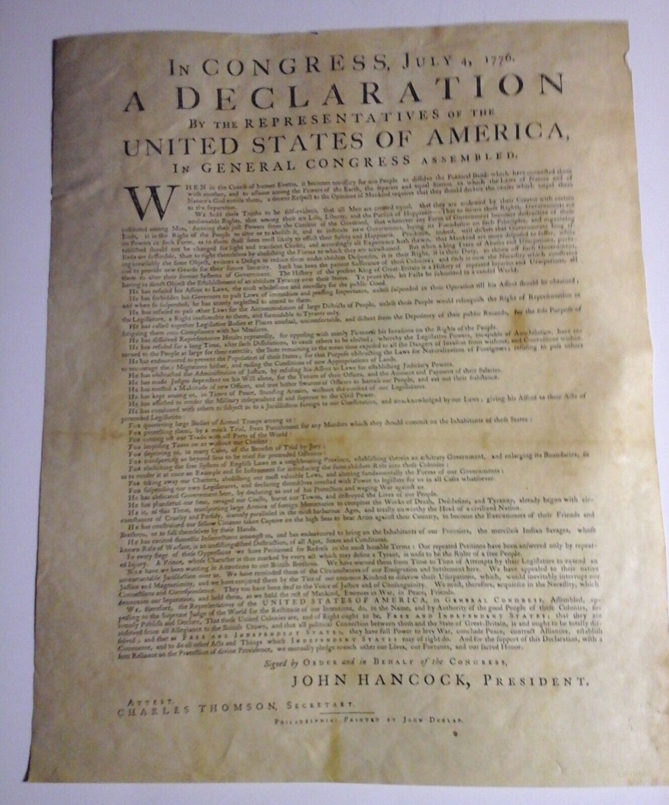 ANTIQUE UNITED STATES OF AMERICA DECLARATION OF INDEPENDENCE JOHN DUNLAP PRINTER