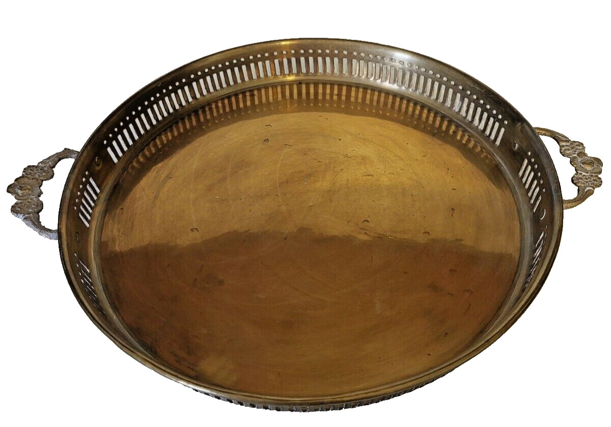 Vintage Brass Butlers Serve Tray 12 1/4” Pierced Sides with Floral Handles MCM