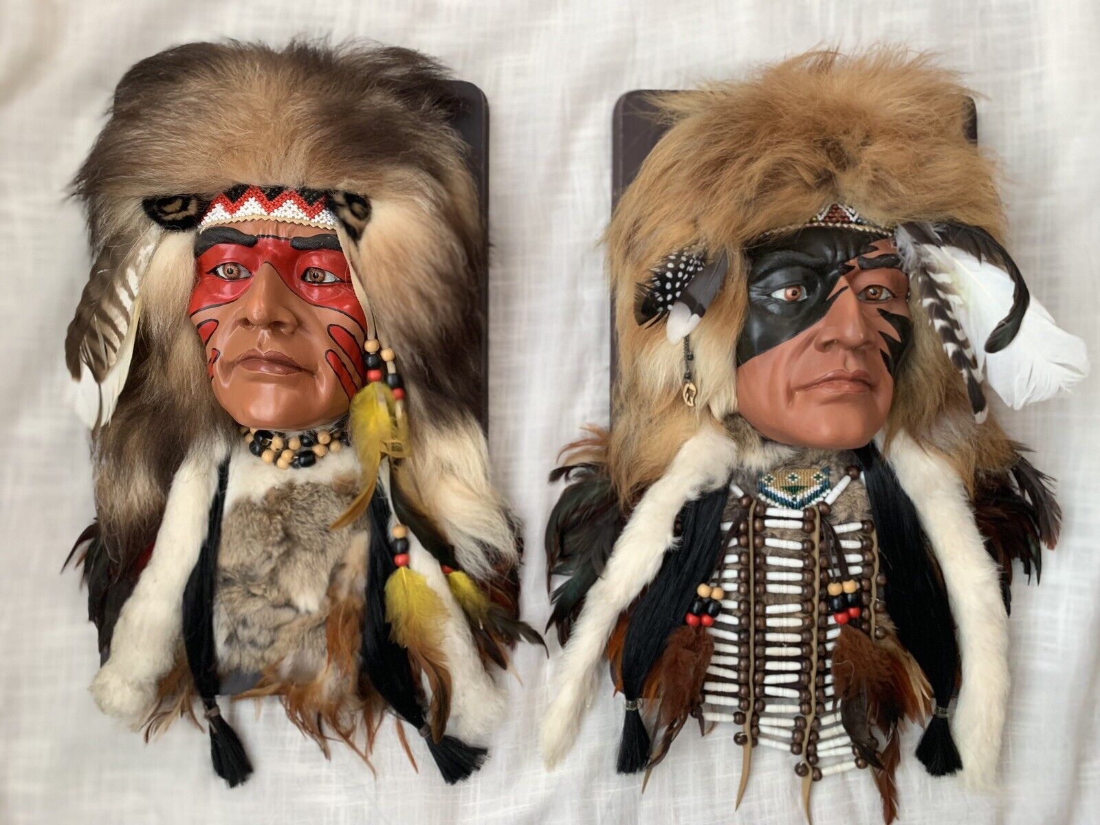 Pair of Large Handmade Native American Warrior Face Wall Plaques: 18” X 11”