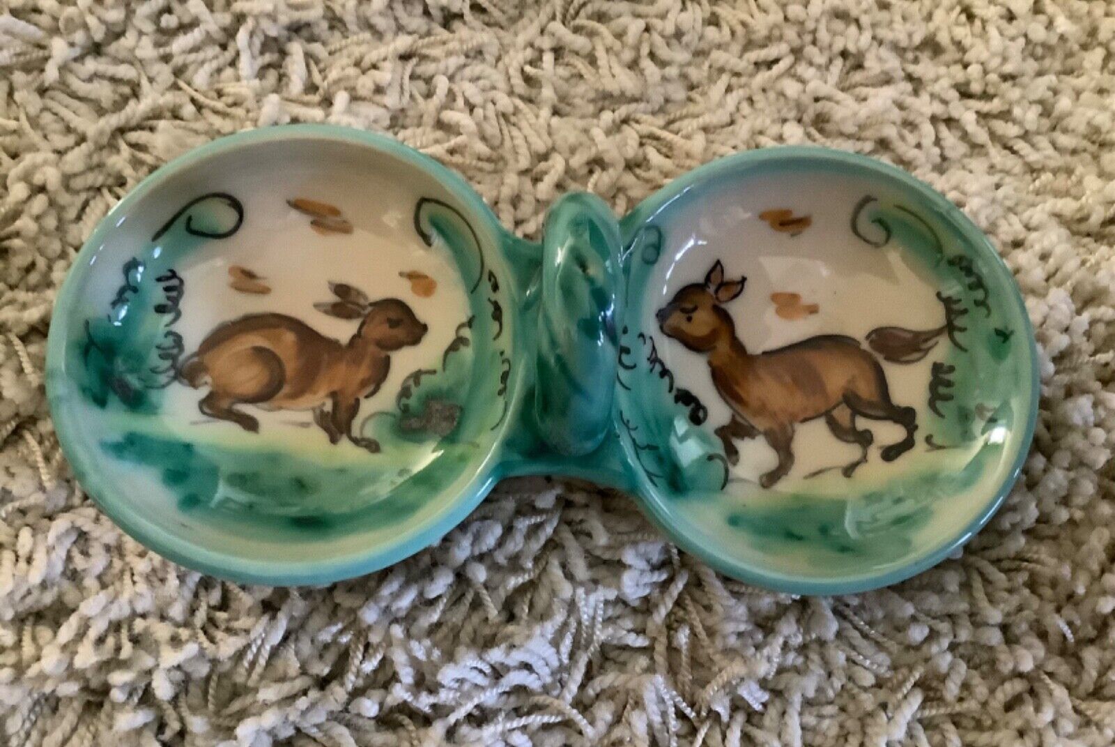 Vintage El Puente Ceramica Majolica Pottery Double Bowl Handpainted Deer/Rabbit