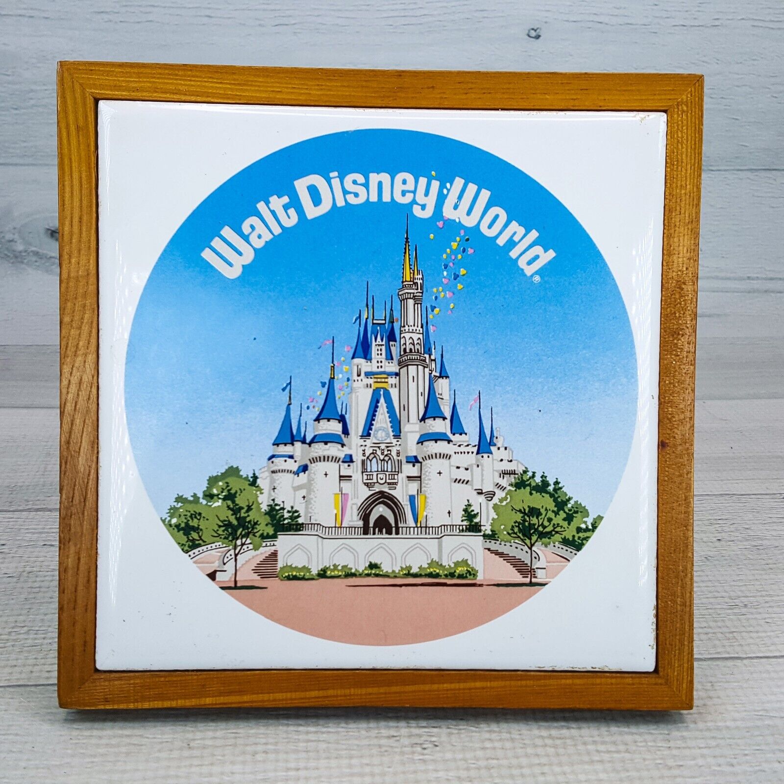 Vintage Walt Disney World Magic Kingdom Park Trivet Tile Wall Decor Wood Frame