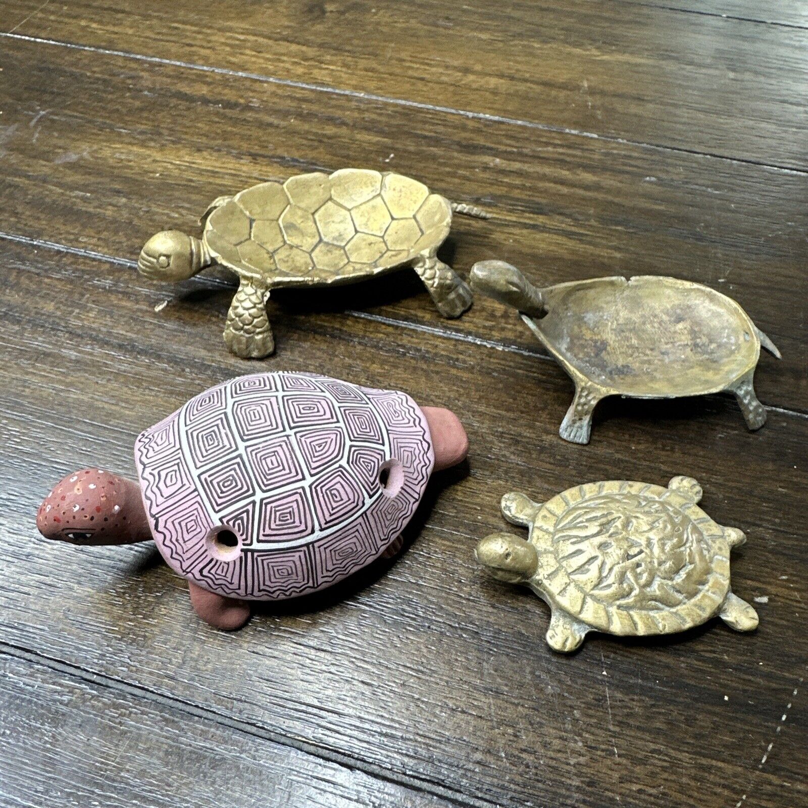 Lot Of Vintage Turtles - Brass Trinket Dish - Pottery Clay Whistle Cusco