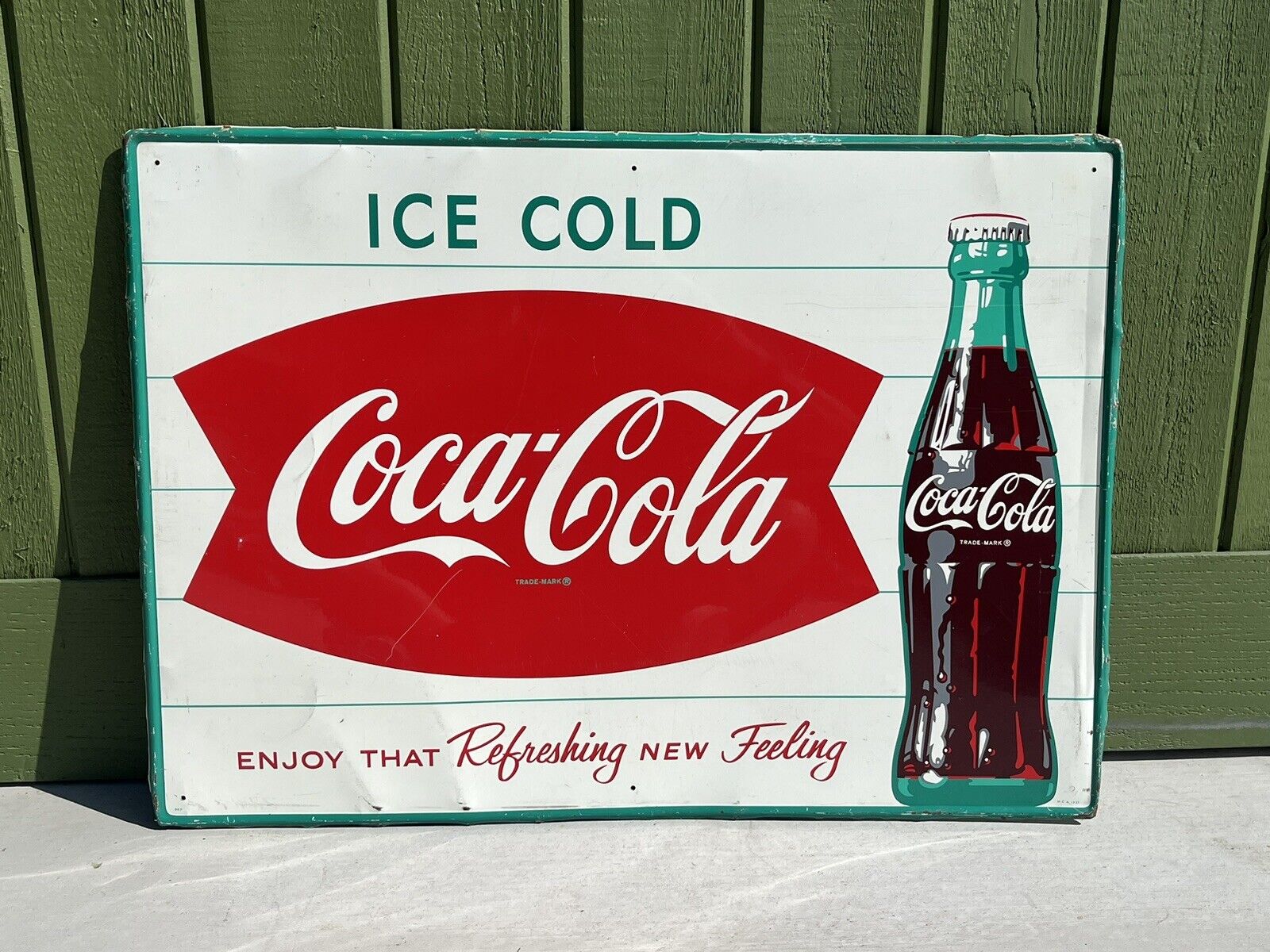 Vtg 1950\'s Coca Cola Ice Cold Fishtail Metal Advertising Sign Original 27 3/4\