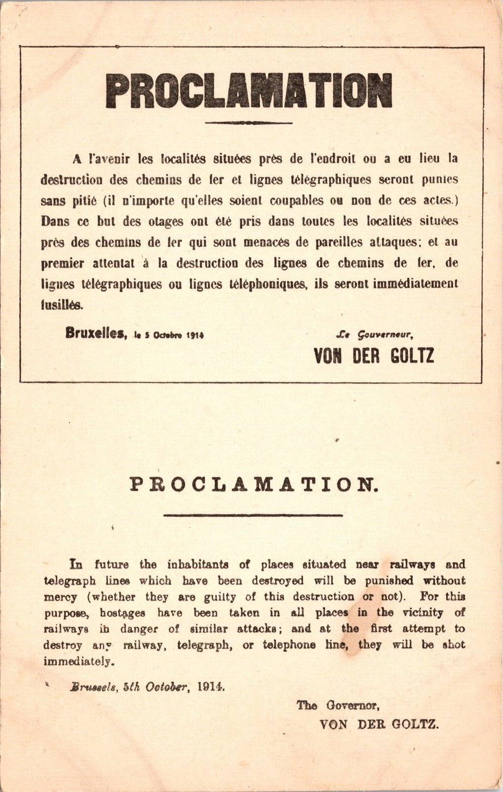 WWI Proclamation Postcard Brussels World War I Military Gov. Von Der Goltz 7R