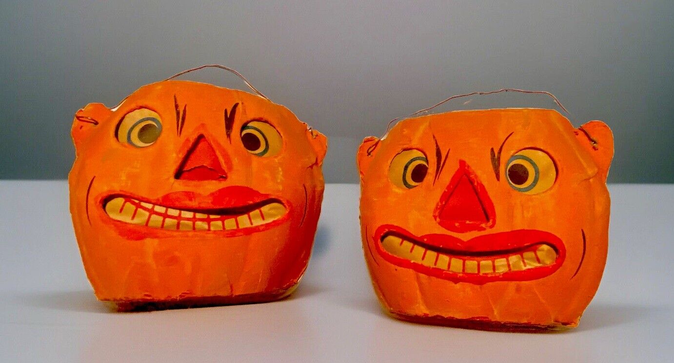 Vintage Paper Mache Halloween Pumpkins Jack-O-Lantern 1920’s Germany Lot Of (2)