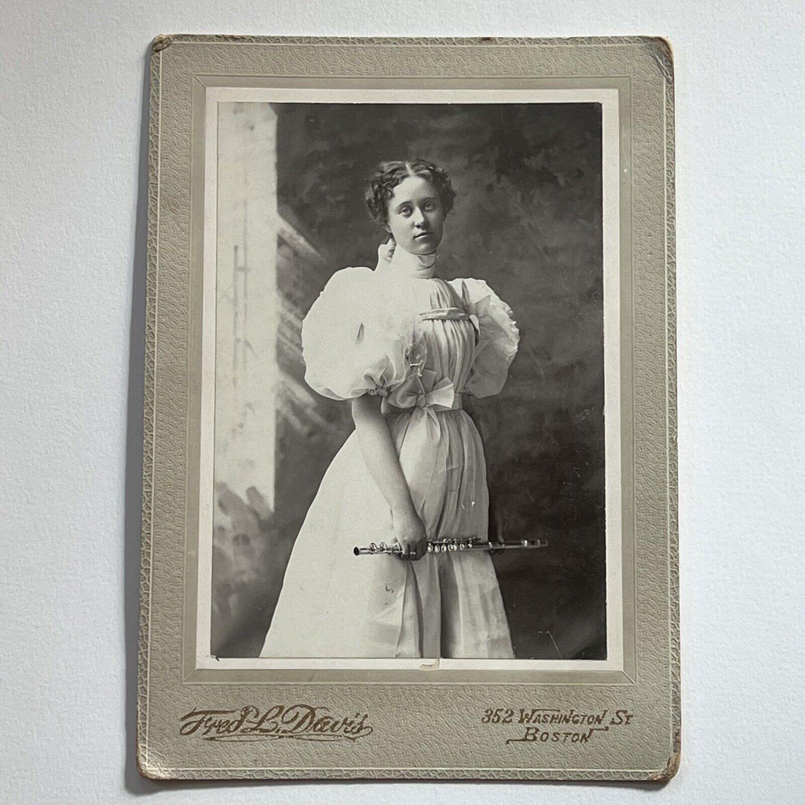 Antique Cabinet Card Photograph Beautiful Young Woman Flute Instrument Boston MA