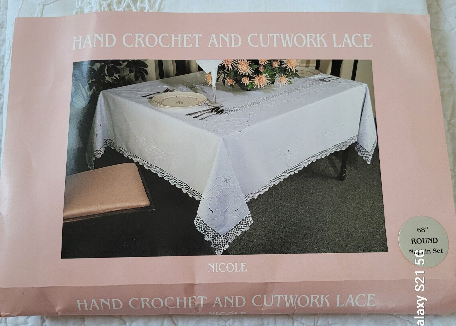 NEW Vintage Nicole Hand Crochet & Cutwork Lace Tablecloth &6 Napkin Set 68\