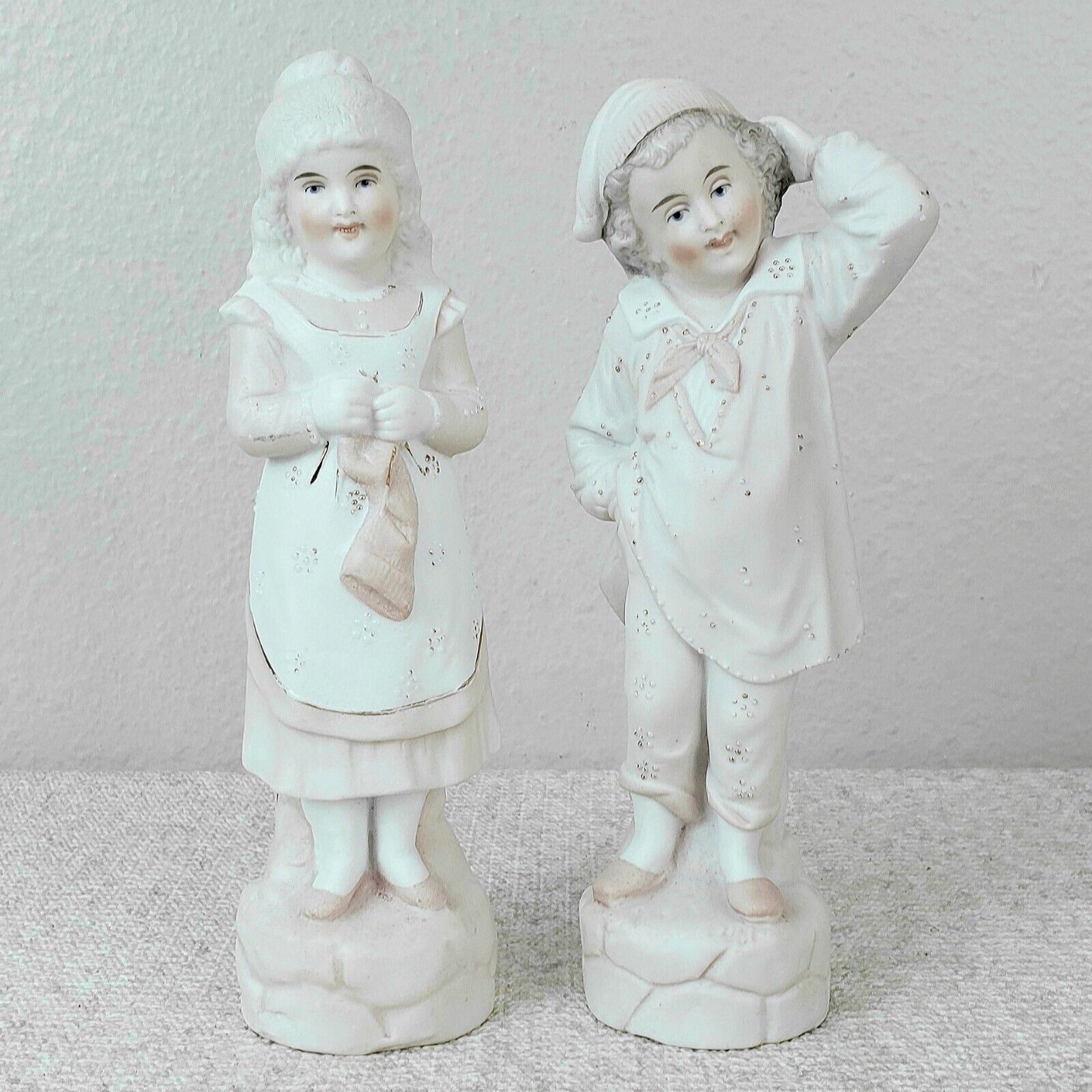 Antique German Porcelain Bisque Figurines Boy Girl Pajamas Gebruder Heubach Pair