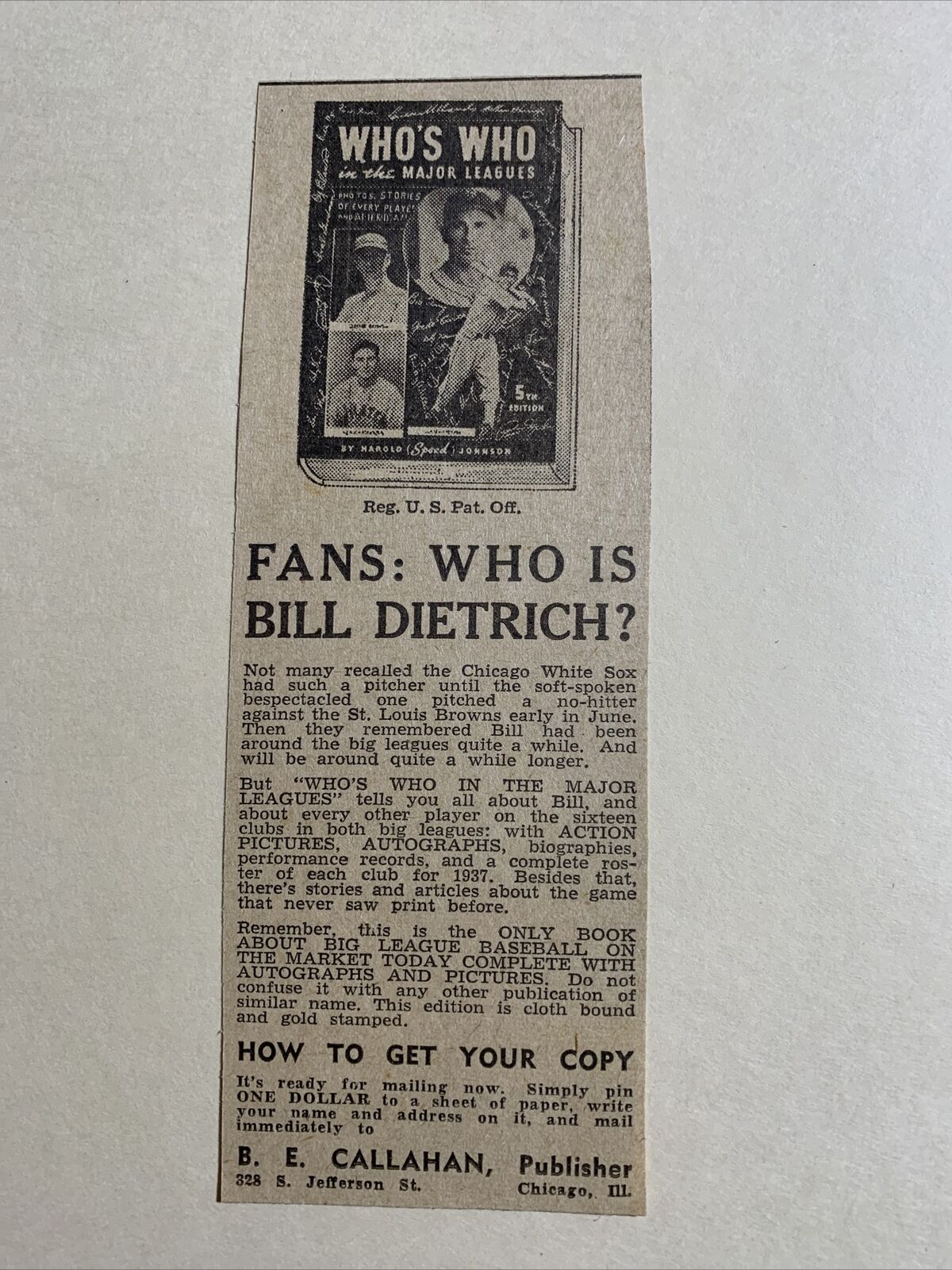 Who’s Who Who Is Bill Dietrich White Sox 1937 Sporting News Baseball 2X6 Ad