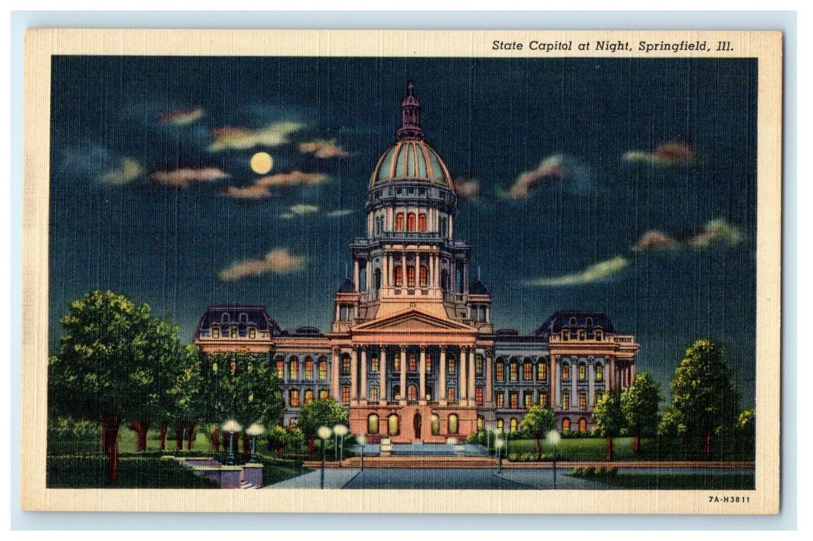 c1930's State Capitol At Night Moonlight View Springfield Illinois IL Postcard