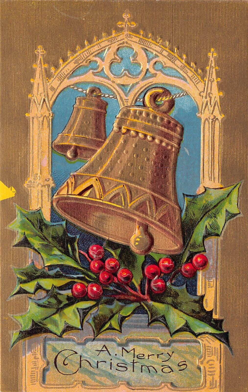A Merry Christmas Greetings Bell Bells Holly Berries Postcard