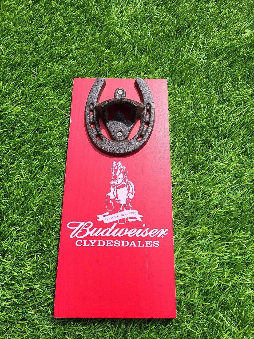 Iron Budweiser Clydesdales Horseshoe BEER BOTTLE OPENER On Wood Wall Plaque 11x5