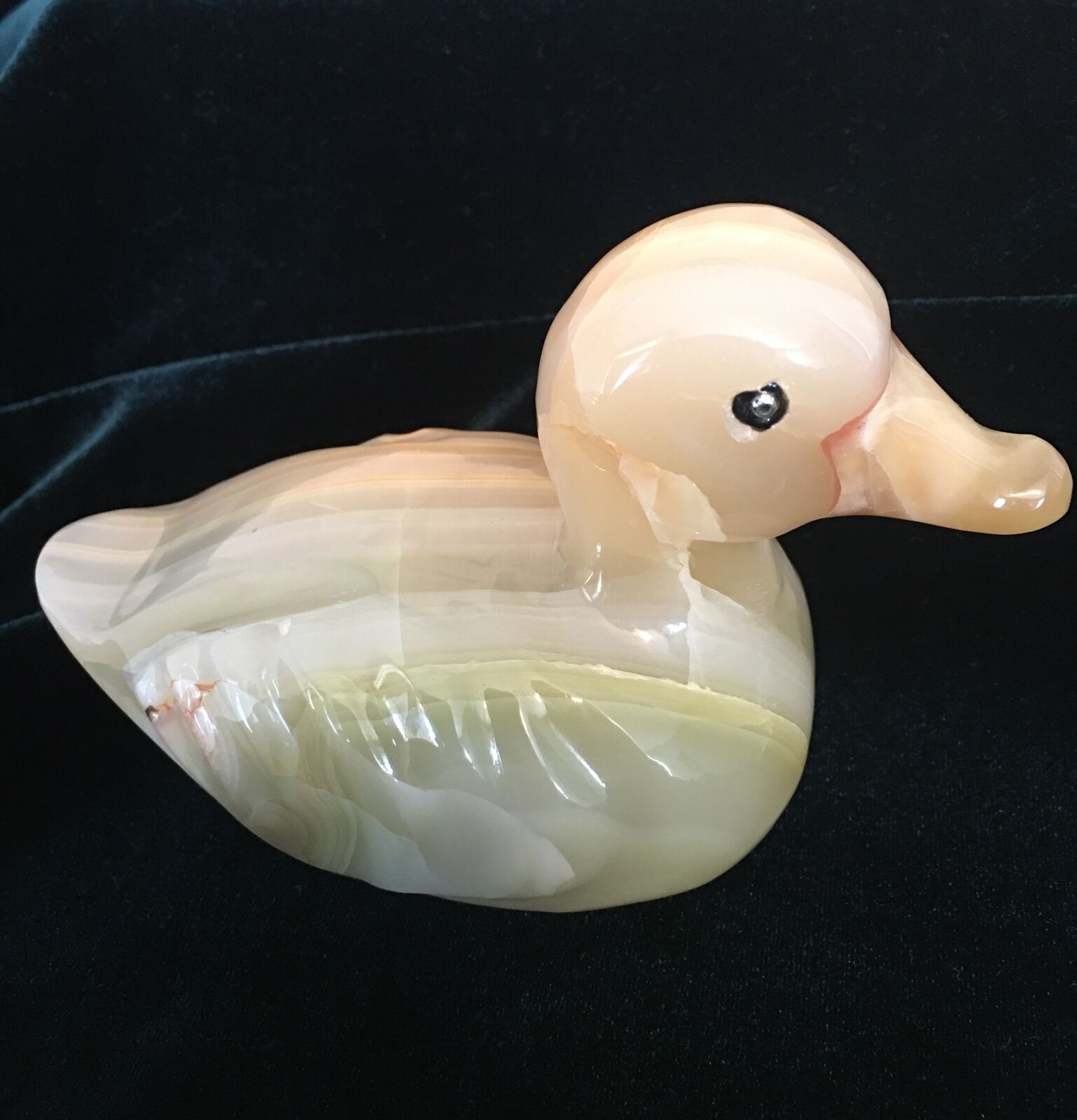 Hand Carved Onyx Duck Figurine 5” Black Eyes Stone Figure Paperweight