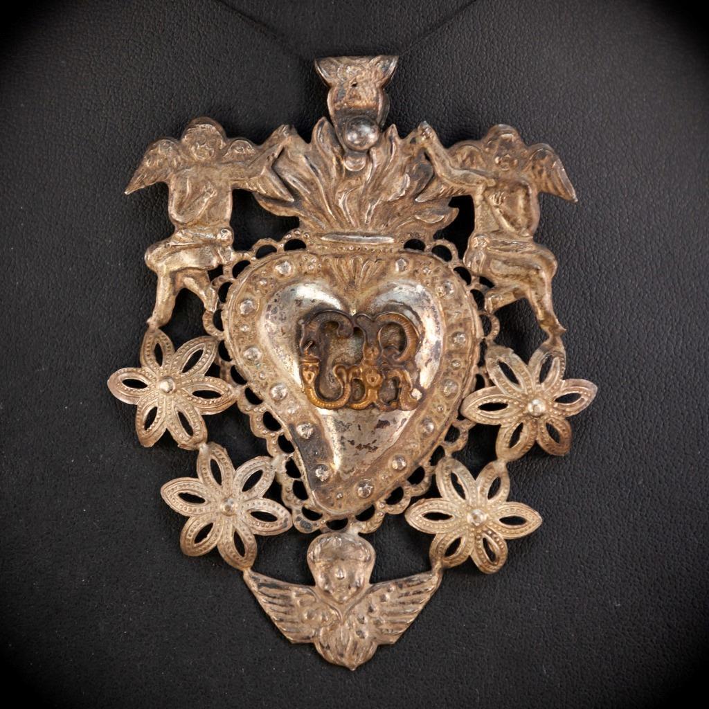 Solid Silver Votive Heart w Flame | Italian Ex-voto | 1800s Grace Received 3.7\