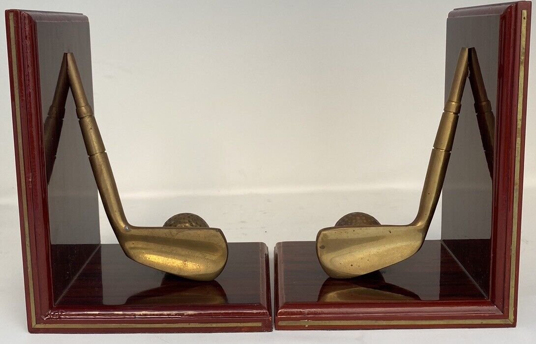 Vintage Mahogany Wood / Brass Golf Club & Ball Bookends