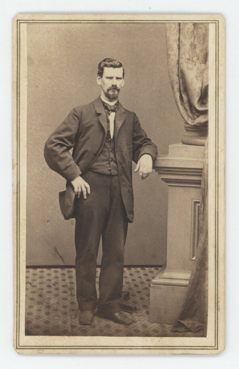 Antique CDV Circa 1860s Handsome Man Suit Holding Hat Goatee Beard Biddeford, ME