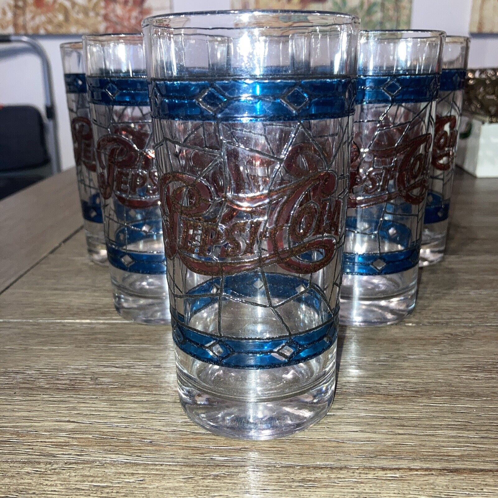 Pepsi-Cola  Vintage 1970s 5 1/2” Tall Glasses Tiffany-style Stained Set Of 6