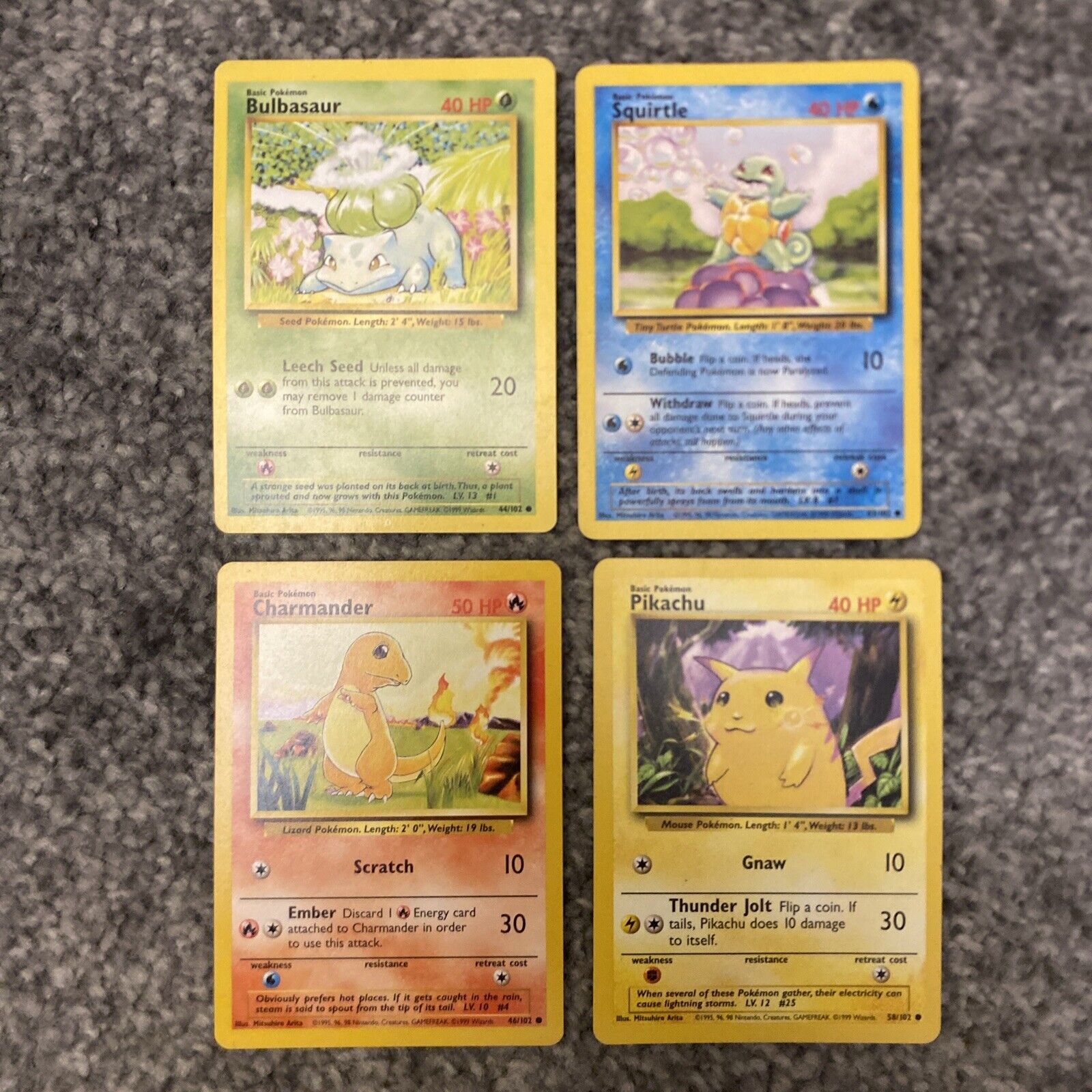 Base Pokemon Card Starters Pikachu, Bulbasaur, Squirtle & Charmander  LP