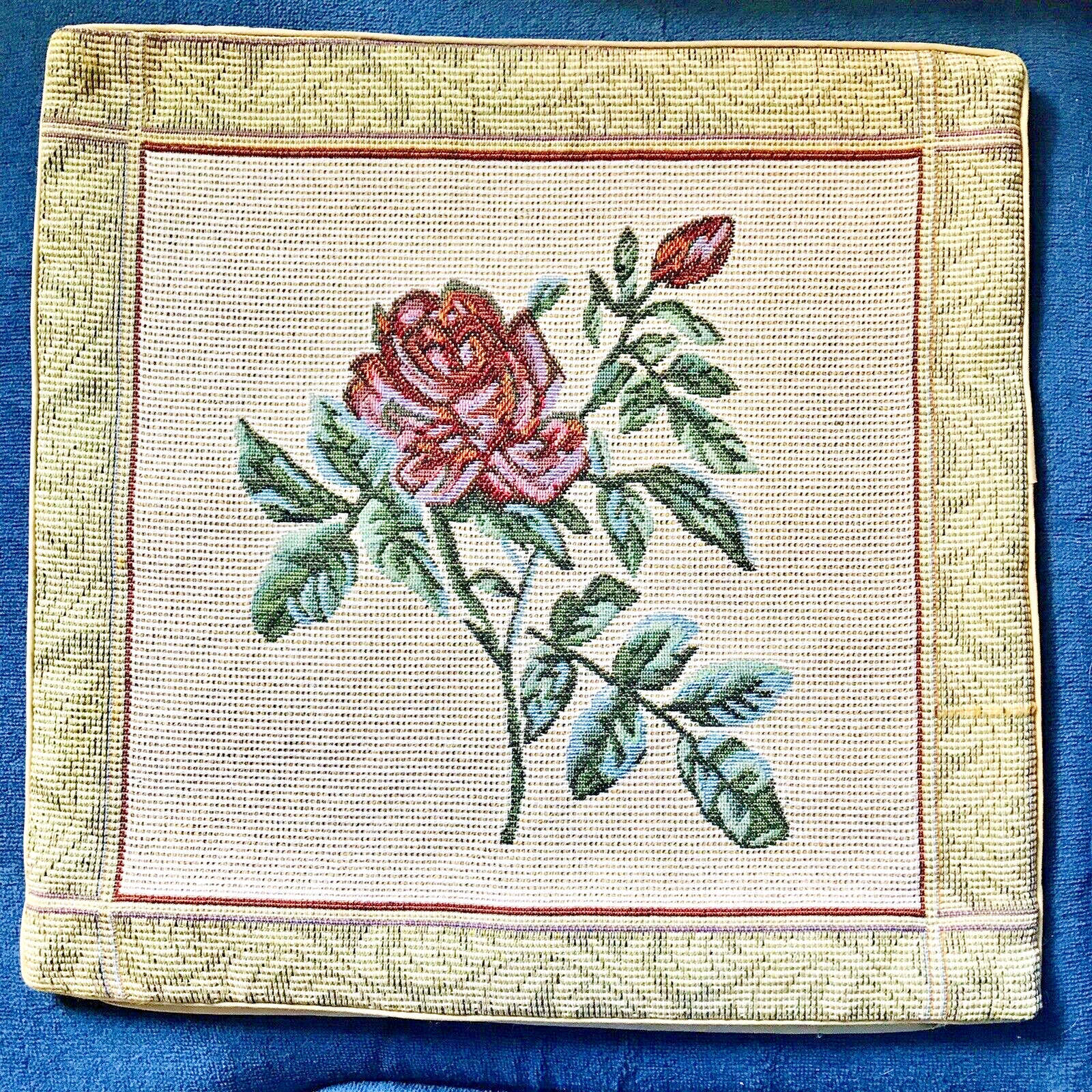 Vintage Tapestry Rose Roses Flowers Accent Pillow Cover Red Pink Green 
