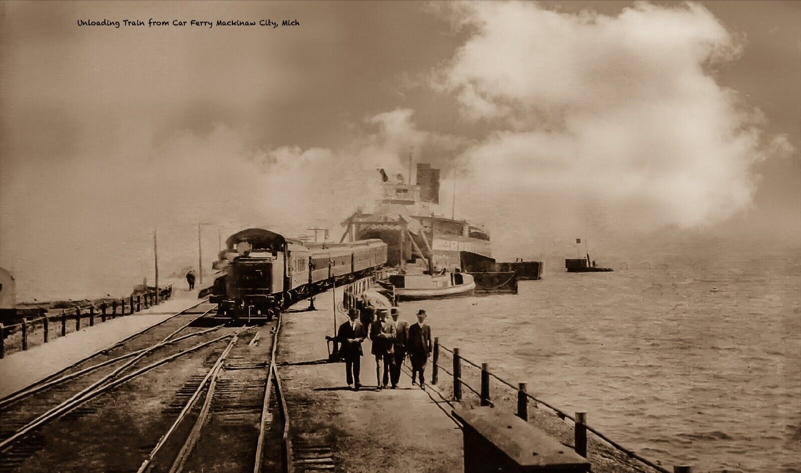 RPPC Photo Mackinaw City, Mich. Unloading Train Cars from Ferry, Steamship