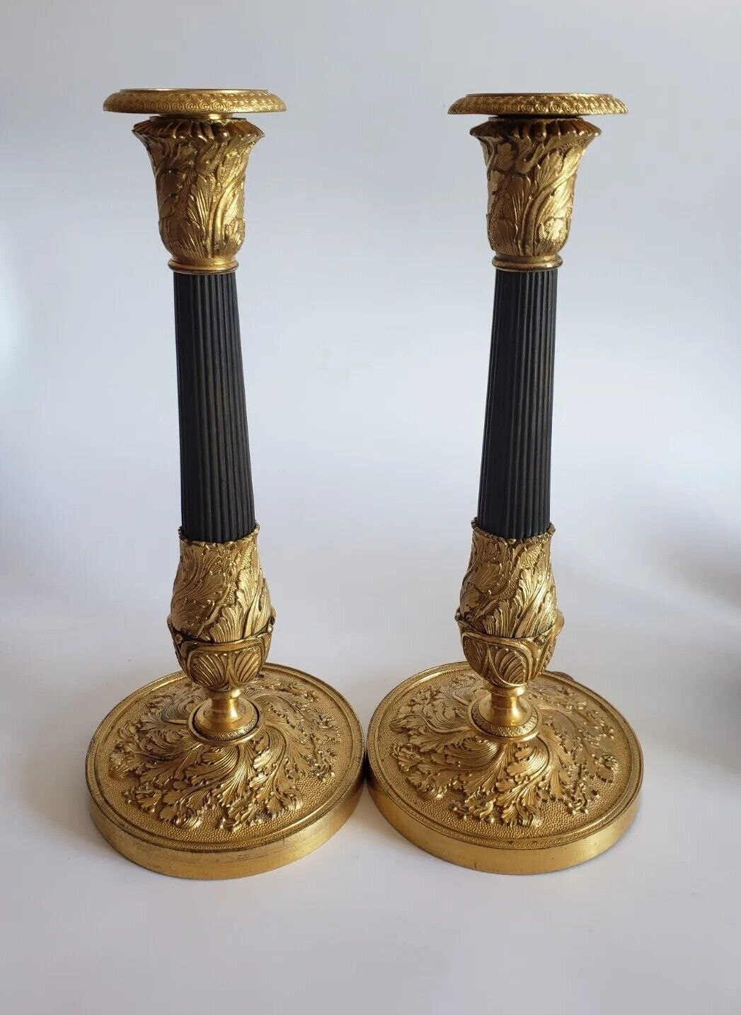 Pair of Antique 19th C. ( 1800 - 1849 ) French Empire Gilt Bronze Candlesticks.