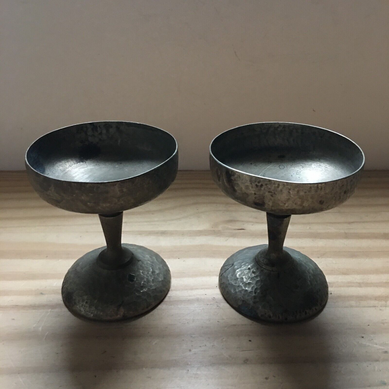 2 Vintage Cecilware Nickel Silver Soldered Goblet Drinking Glasses Cups Hammered