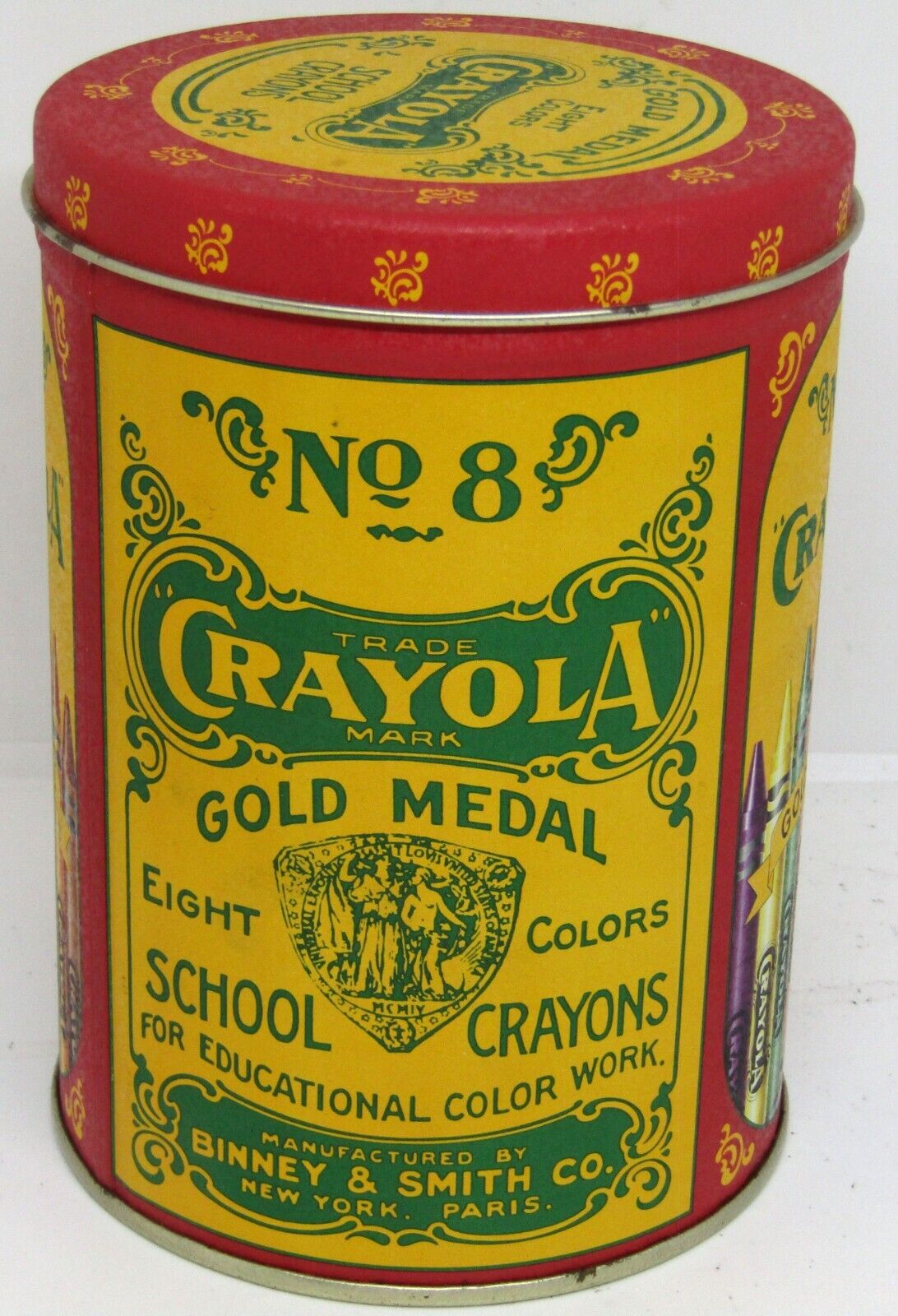 Vintage 1982 replica 1903 Crayola Gold Metal crayon tin can Binney & Smith inc