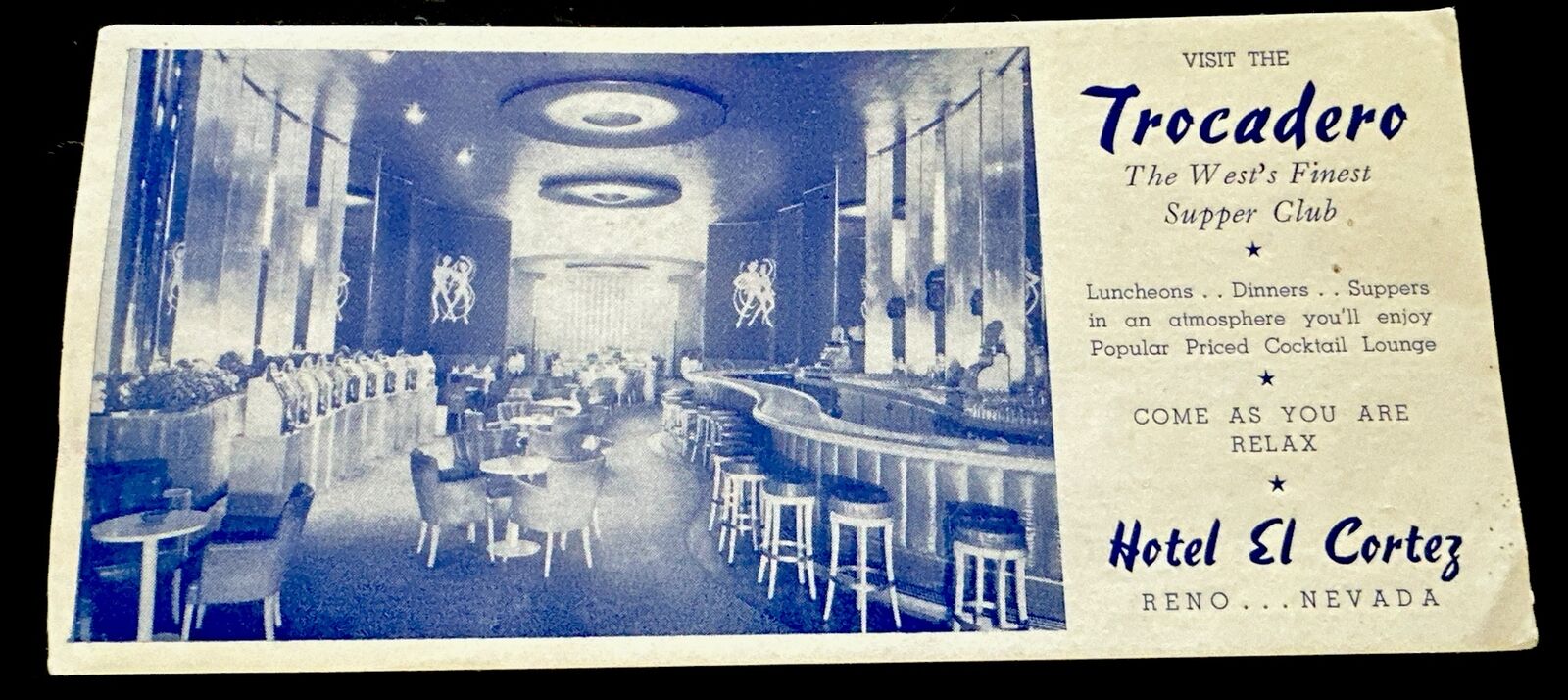 RARE 1941 Postcard Advertising Card TROCADERO SUPPER CLUB RENO NEVADA  EL CORTEZ