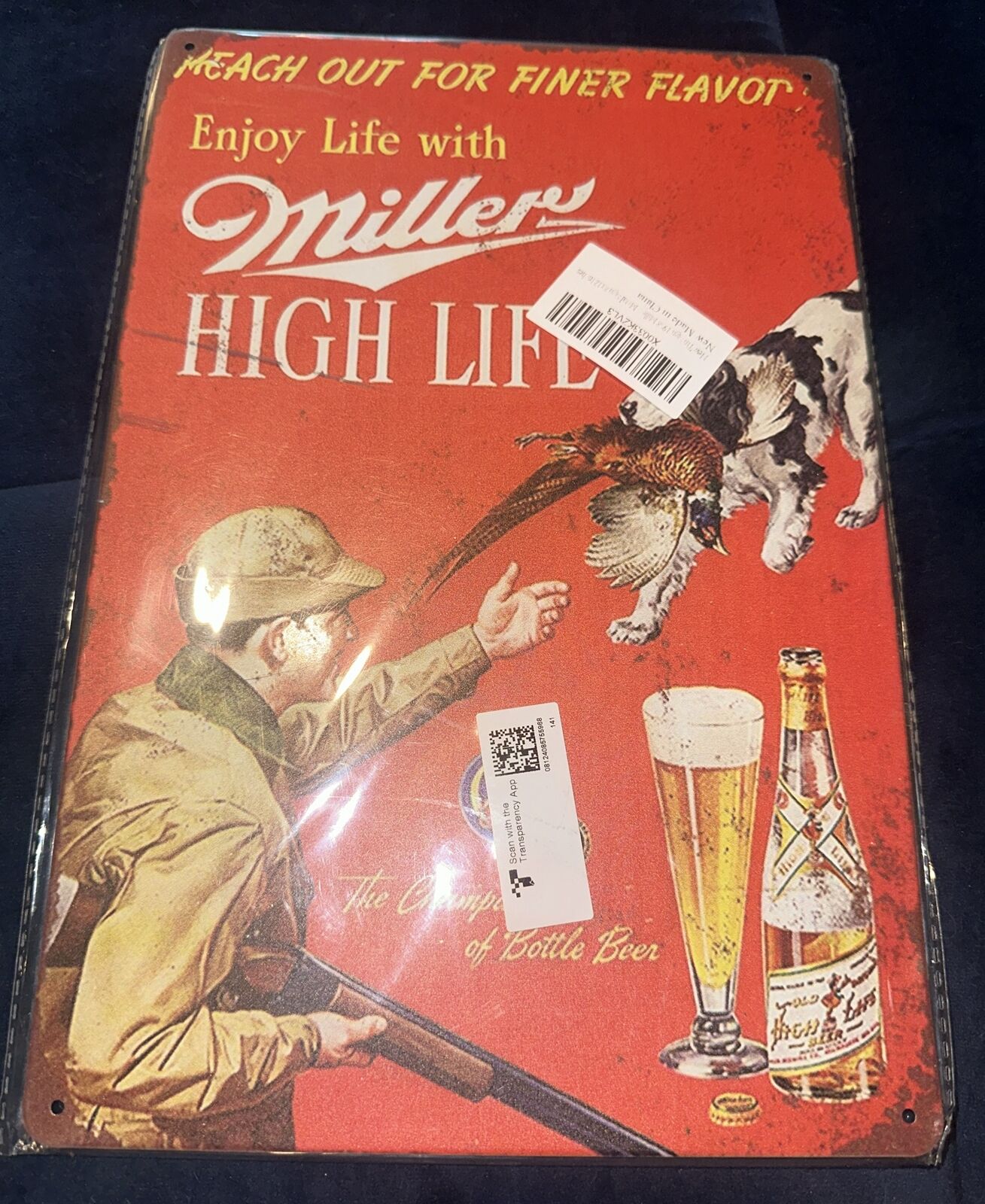 Miller High Life Tin Sign Pheasant Hunting dog Champagne Of Bottle Beer 12x8”