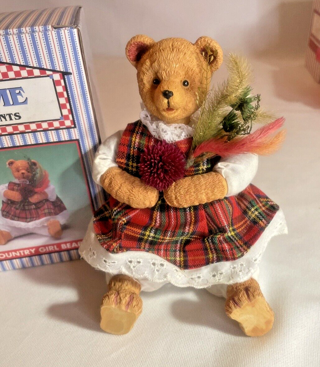 Vintage Country Girl Bear Teddy Toy Red Plaid Dress 